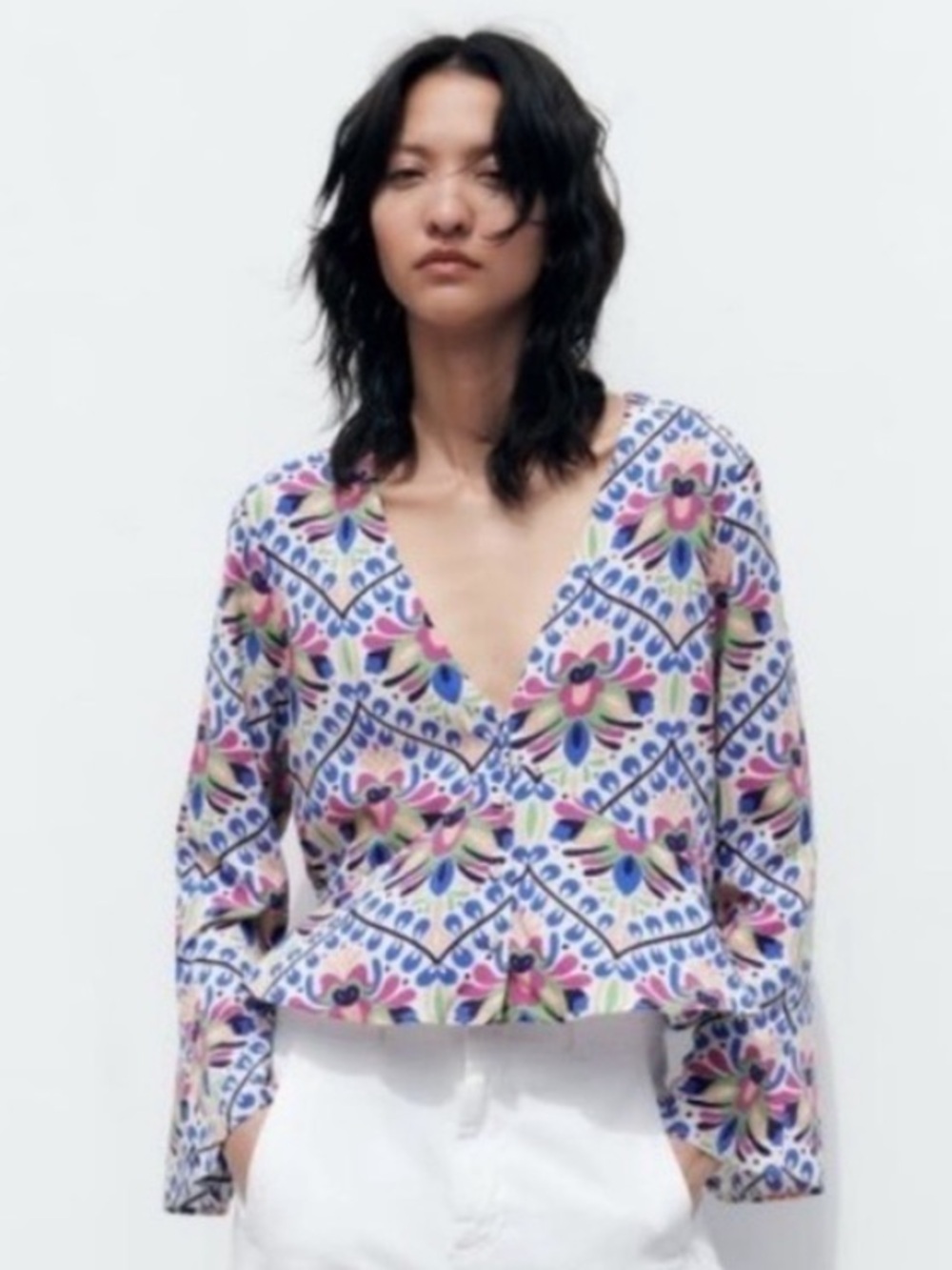 ZARA Printed Peplum V-Neck Blouse Small ⭐️TSTOP5